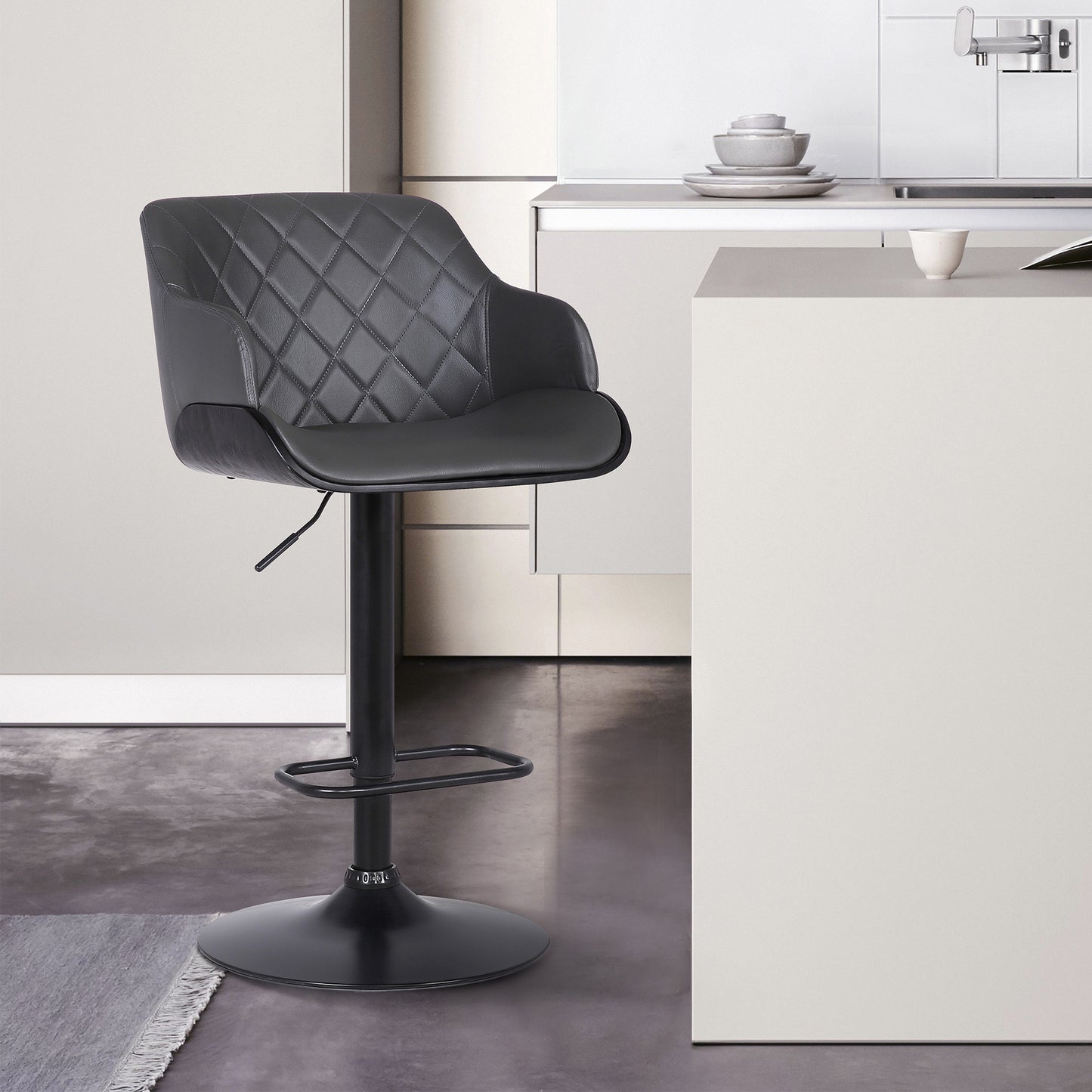 44" Gray Faux Leather And Iron Swivel Adjustable Height Bar Chair