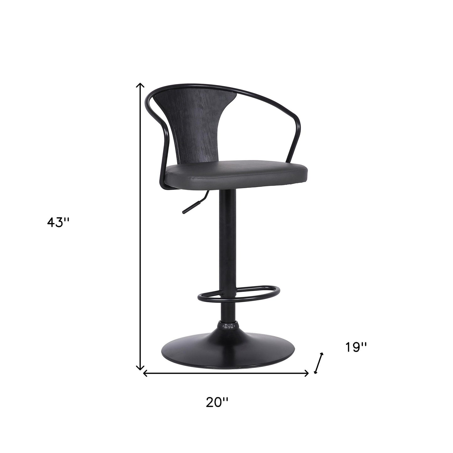 43" Gray And Black Iron Swivel Low Back Adjustable Height Bar Chair With Footrest