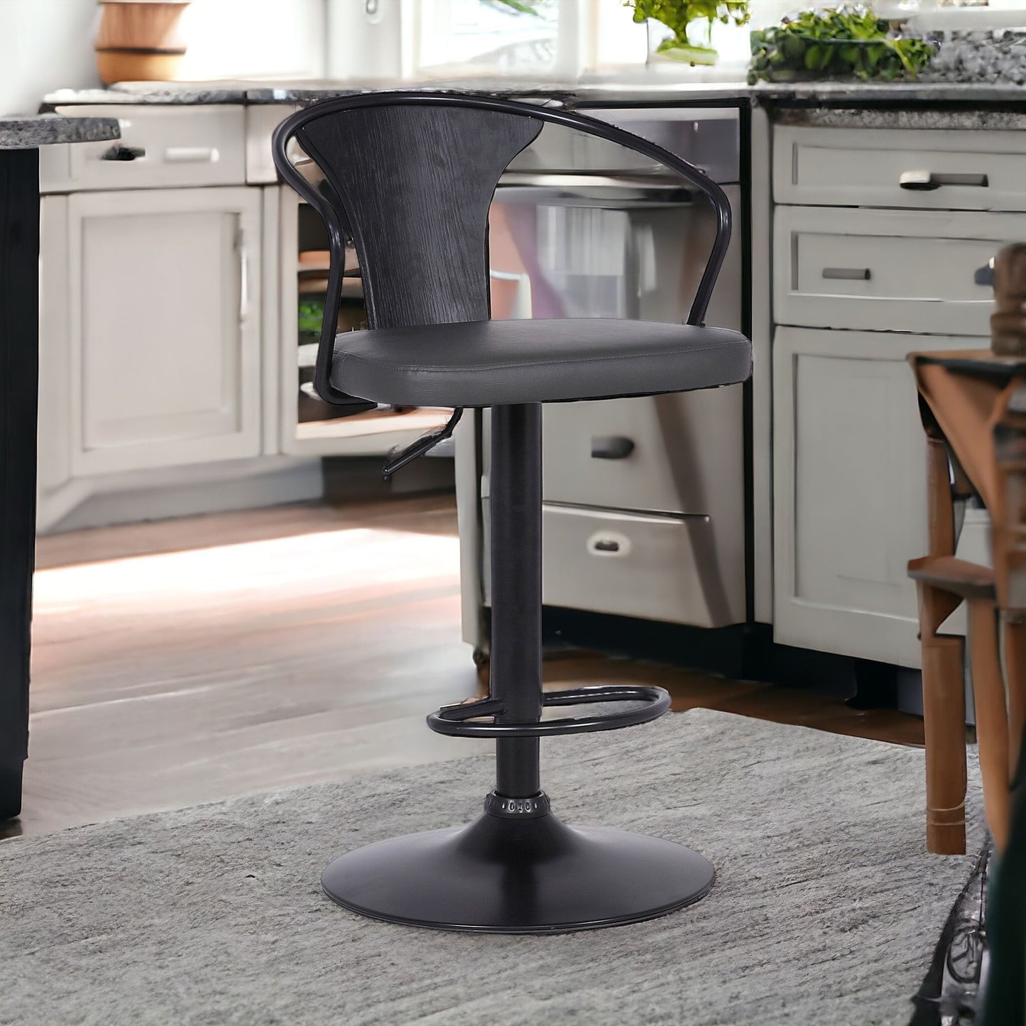 43" Gray And Black Iron Swivel Low Back Adjustable Height Bar Chair With Footrest