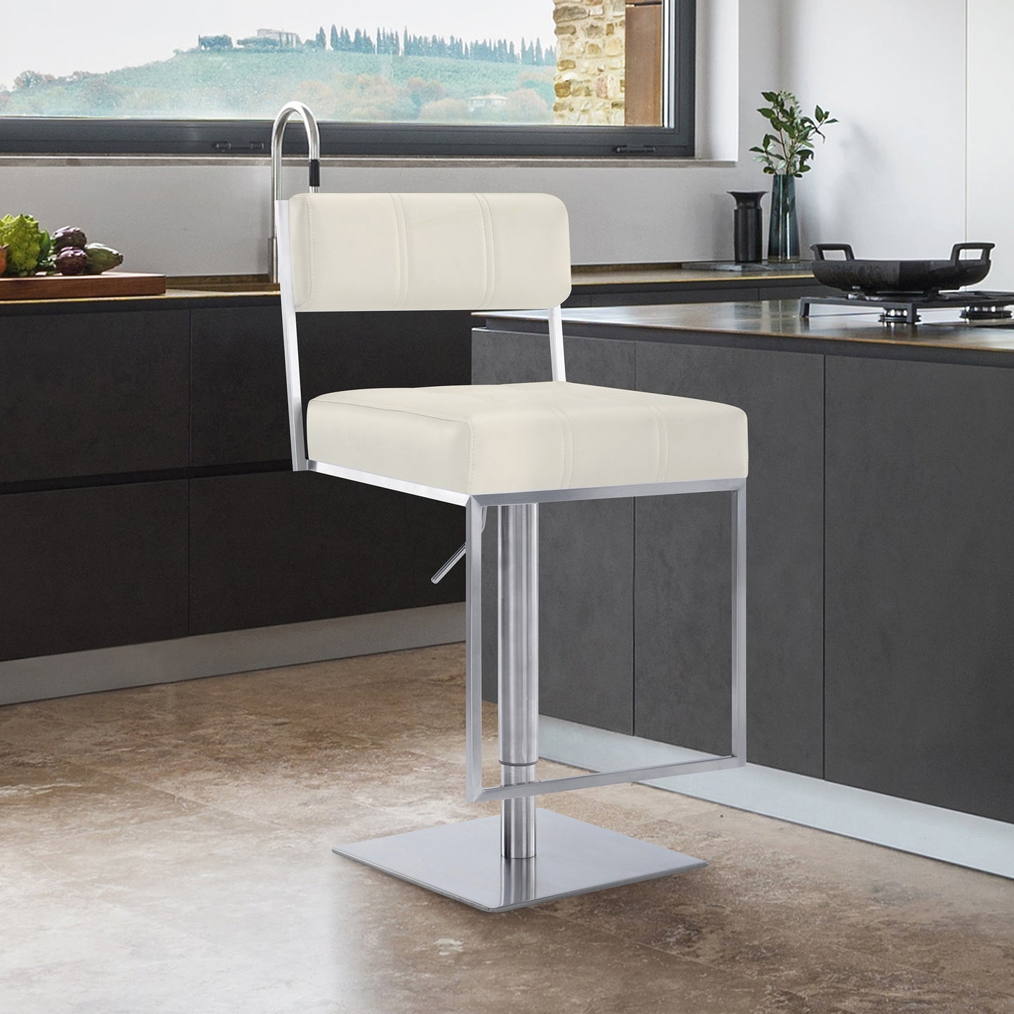 44" White Faux Leather And Iron Swivel Adjustable Height Bar Chair