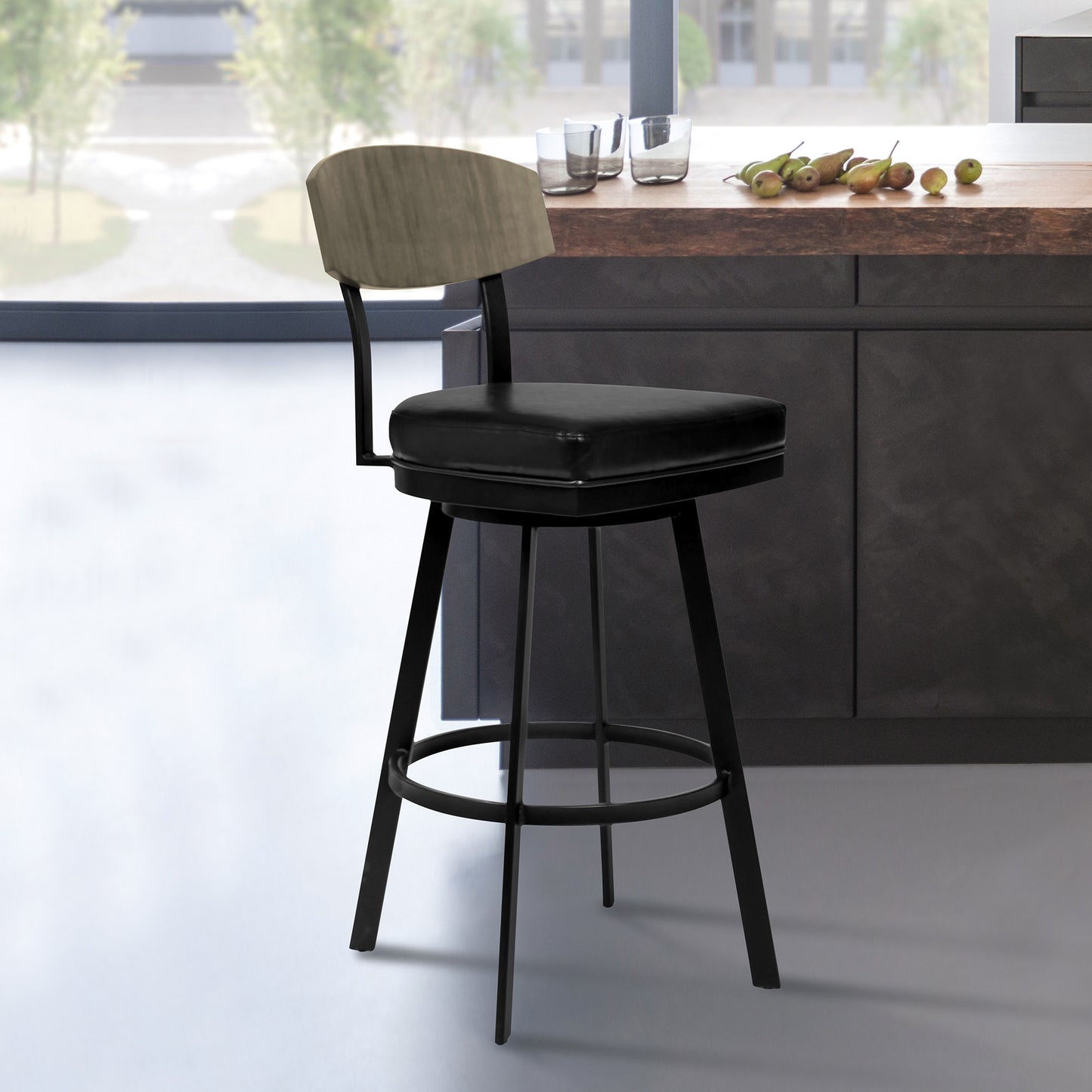 26" Black Faux Leather Black Metal and Gray Walnut Open Back Swivel Bar Stool
