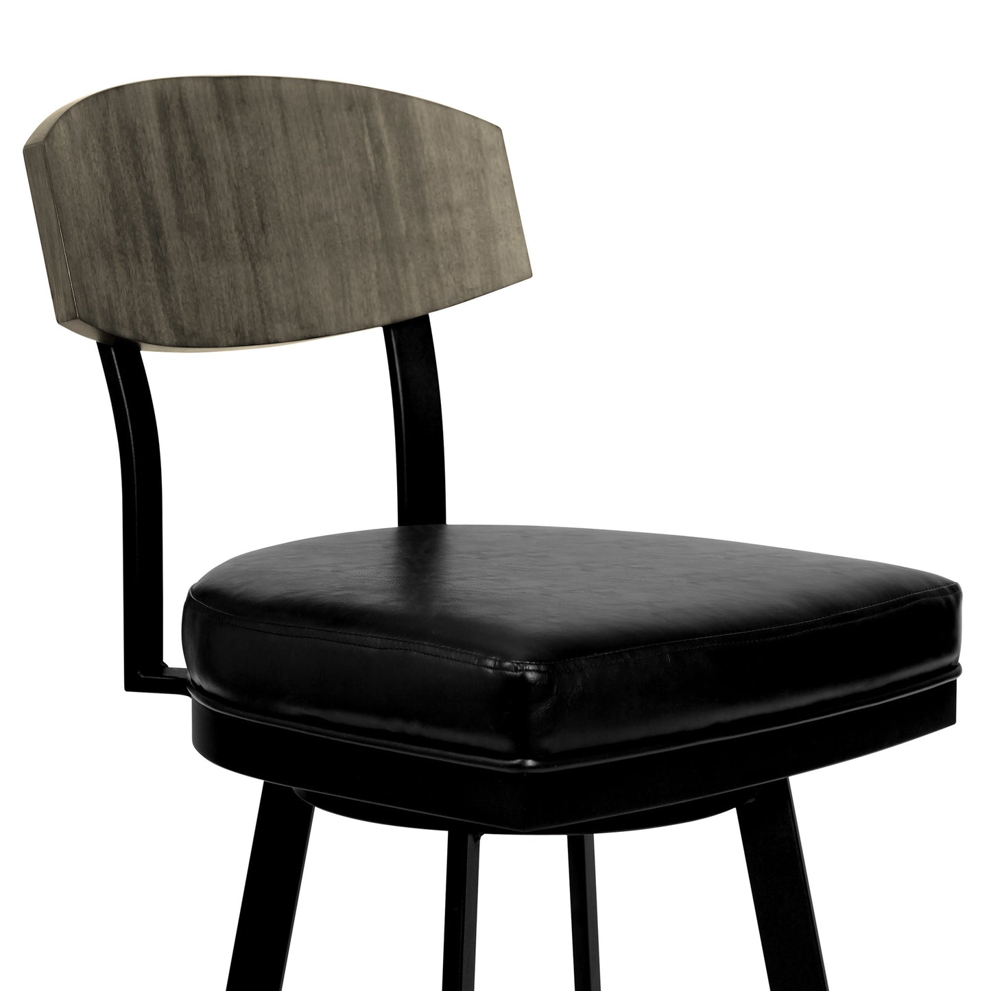 26" Black Faux Leather Black Metal and Gray Walnut Open Back Swivel Bar Stool
