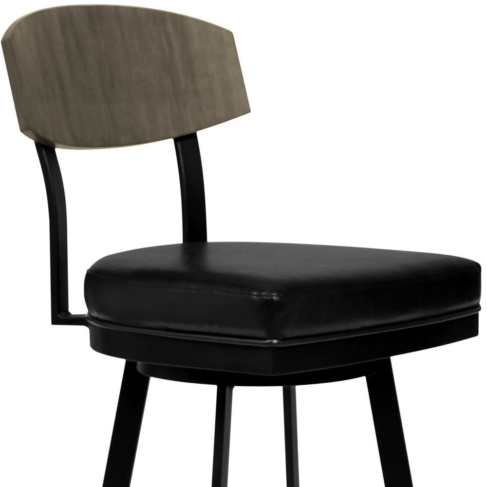 26" Black Faux Leather Black Metal and Gray Walnut Open Back Swivel Bar Stool