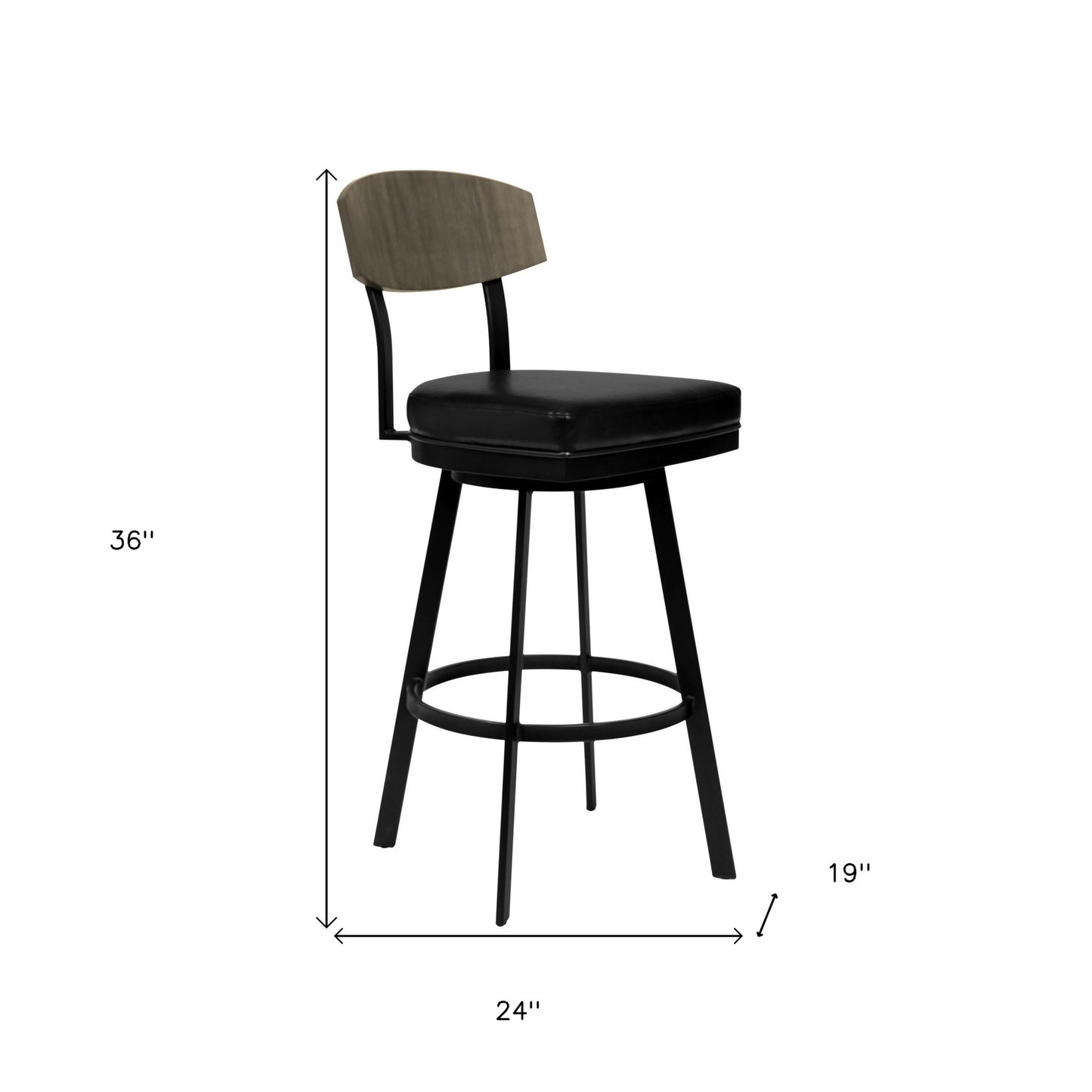 26" Black Faux Leather Black Metal and Gray Walnut Open Back Swivel Bar Stool
