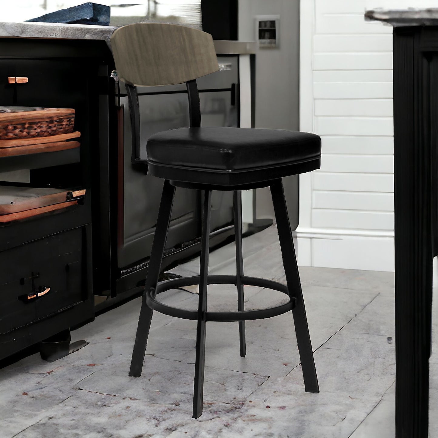 26" Black Faux Leather Black Metal and Gray Walnut Open Back Swivel Bar Stool