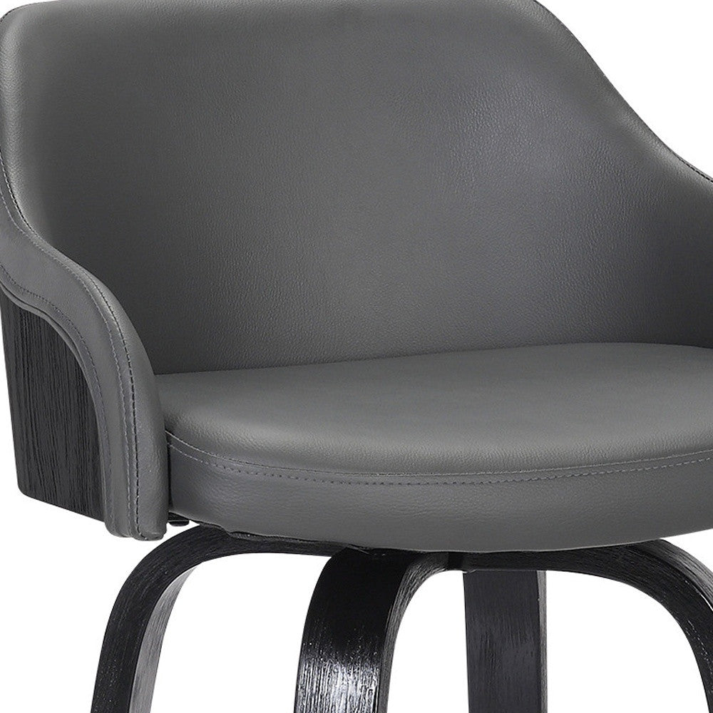 26" Gray Swivel Faux Leather Black Wooden Bar Stool