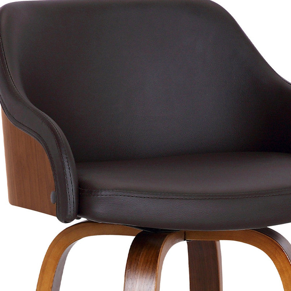 26" Brown Swivel Faux Leather Walnut Wooden Bar Stool