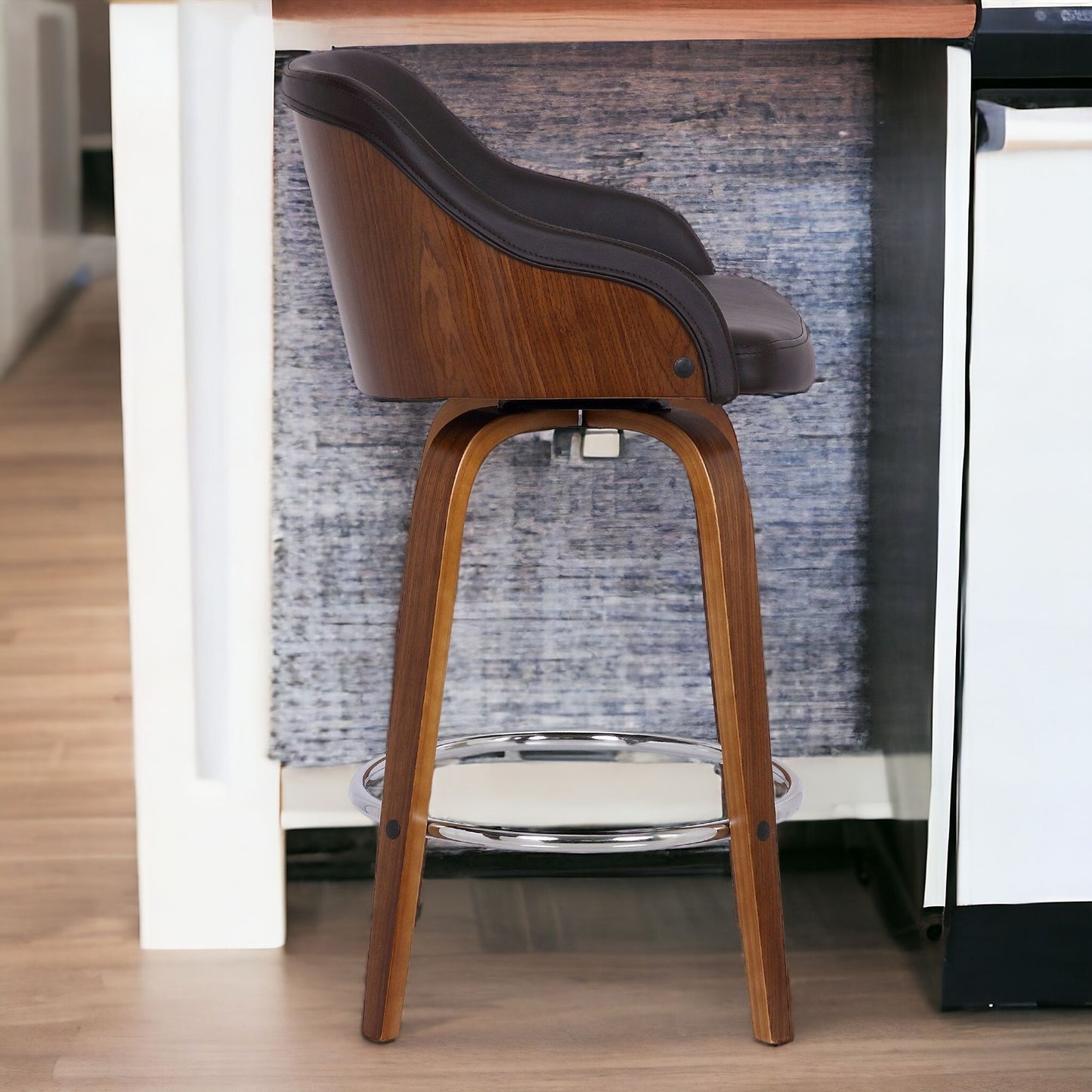 26" Brown Swivel Faux Leather Walnut Wooden Bar Stool