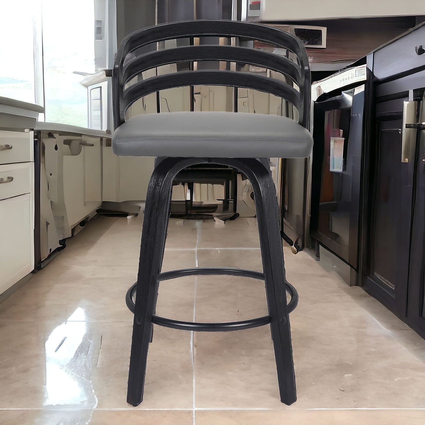 39" Gray And Black Iron Swivel Low Back Bar Height Chair With Footrest