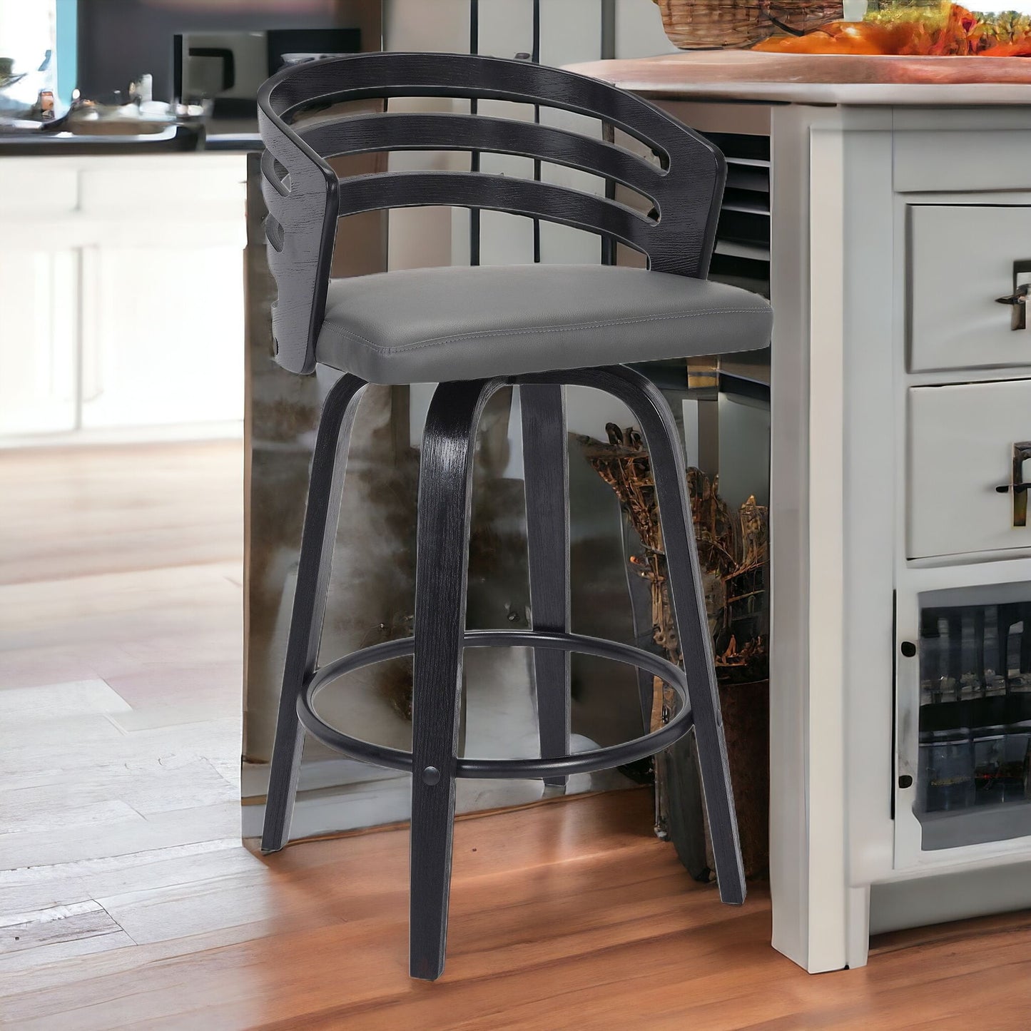 39" Gray And Black Iron Swivel Low Back Bar Height Chair With Footrest
