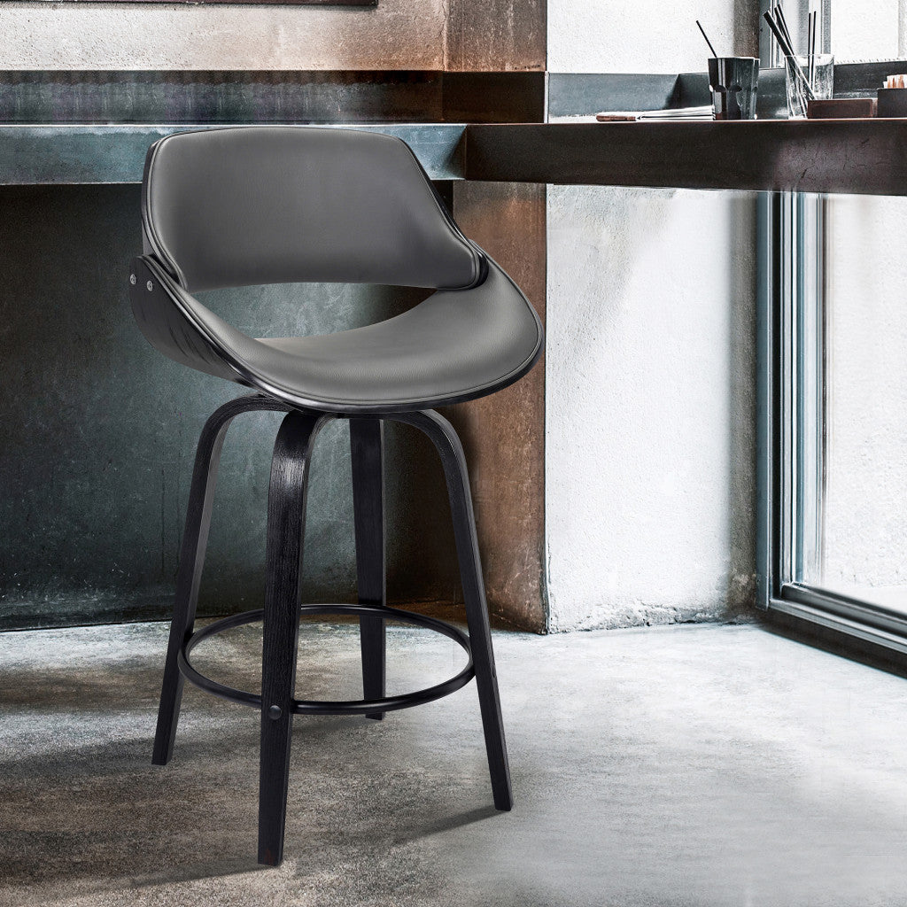 38" Gray Faux Leather And Iron Swivel Counter Height Bar Chair