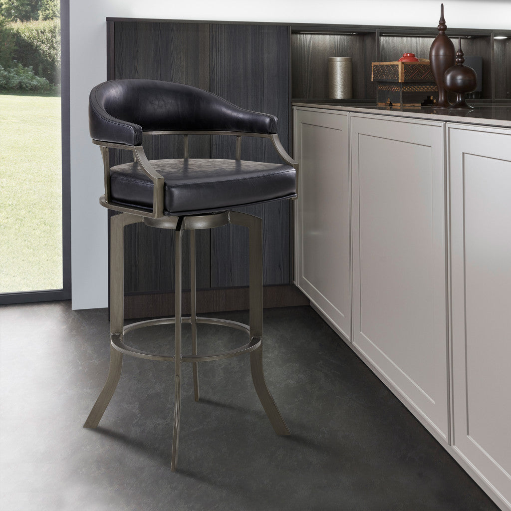 37" Gray Faux Leather And Iron Swivel Counter Height Bar Chair