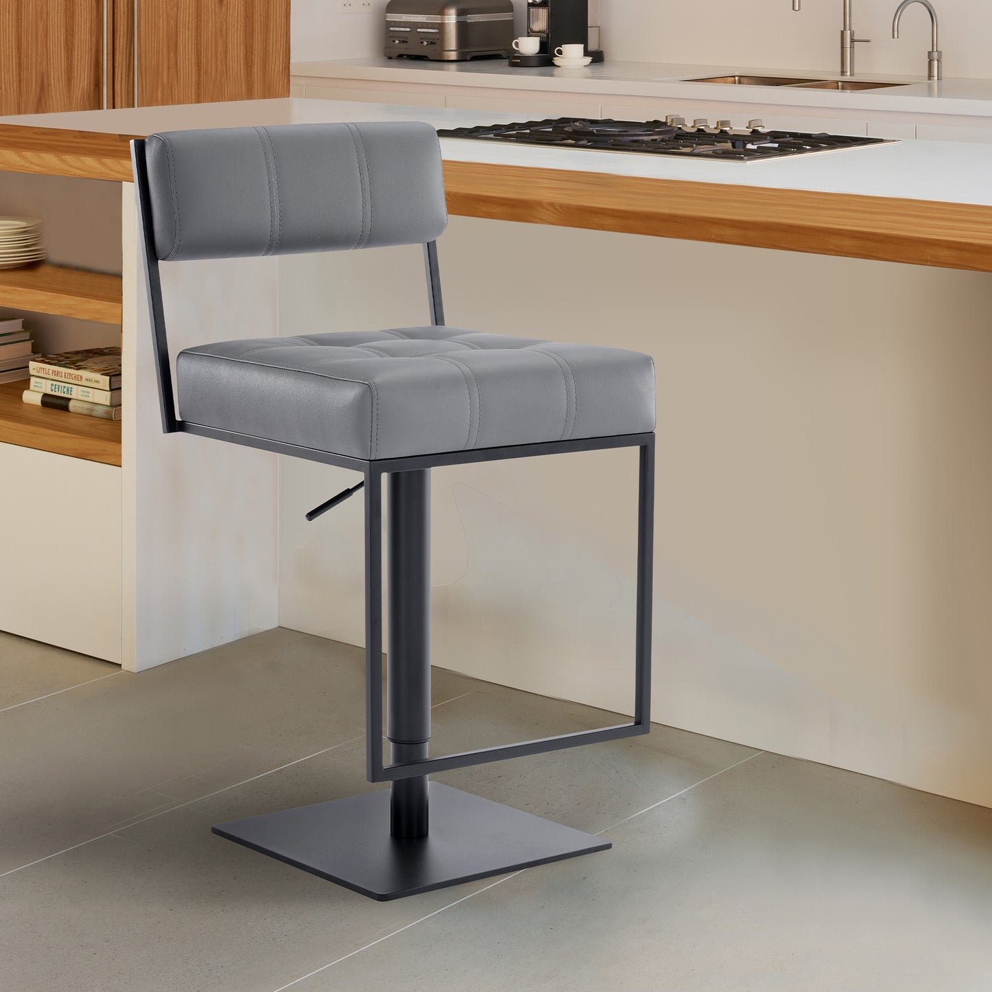 44" Gray Faux Leather And Iron Swivel Adjustable Height Bar Chair