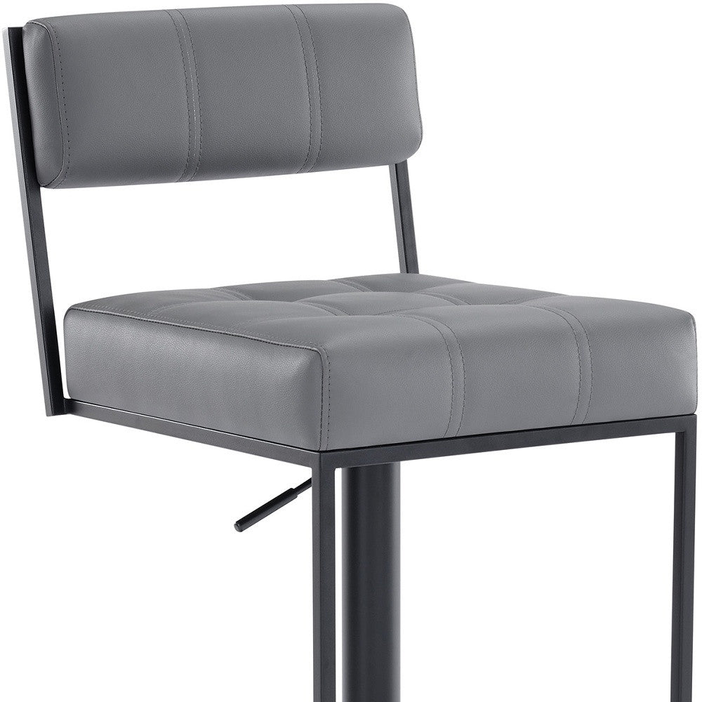 44" Gray Faux Leather And Iron Swivel Adjustable Height Bar Chair