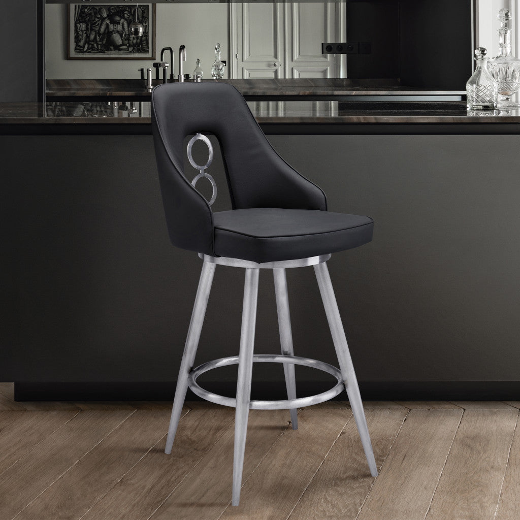 39" Black Faux Leather And Iron Swivel Counter Height Bar Chair