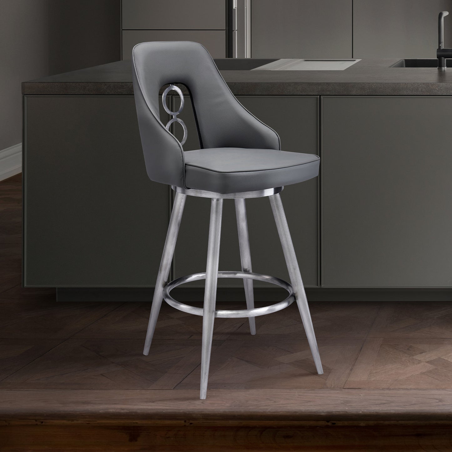 39" Gray Faux Leather And Iron Swivel Counter Height Bar Chair