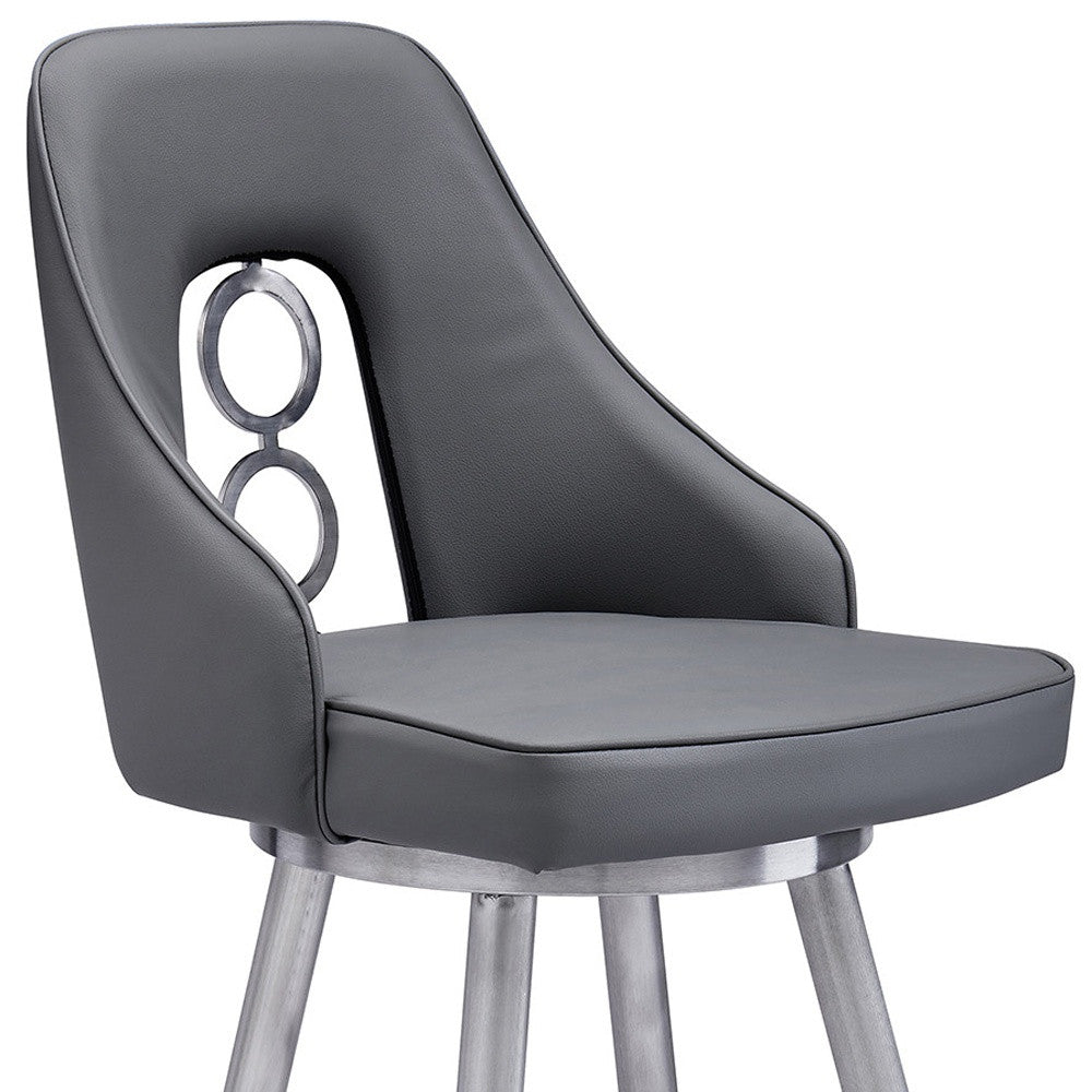 39" Gray Faux Leather And Iron Swivel Counter Height Bar Chair