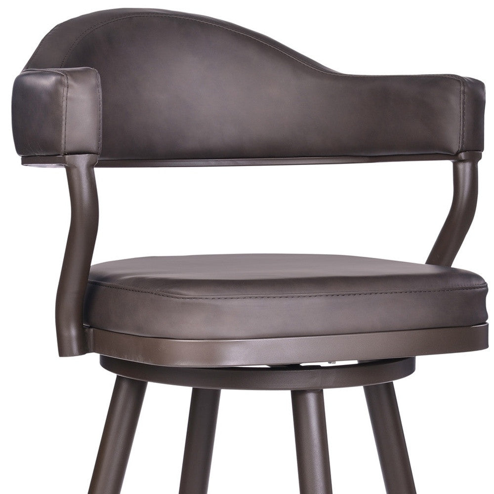 42" Vintage Brown Faux Leather And Iron Swivel Bar Height Chair