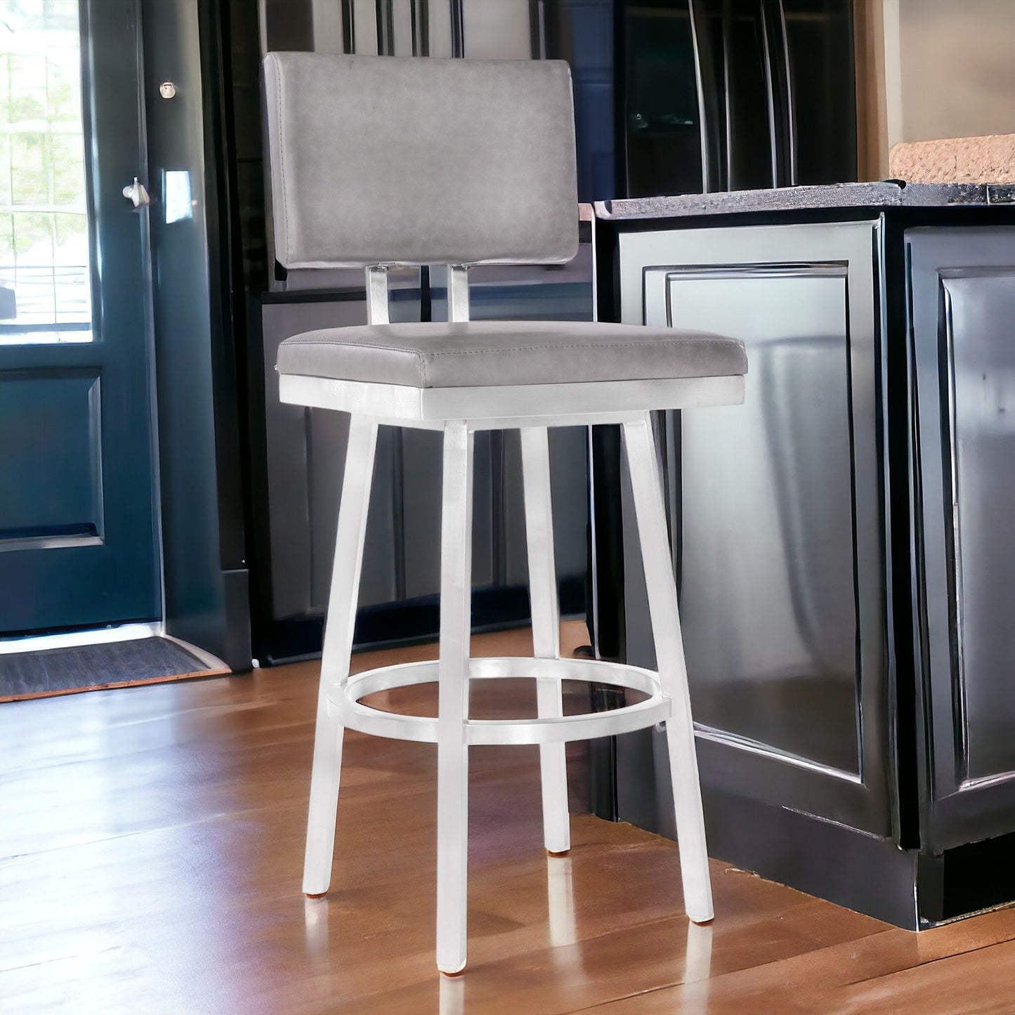 30" Vintage Gray on Stainless Faux Leather Rectangular Swivel Armless Barstool