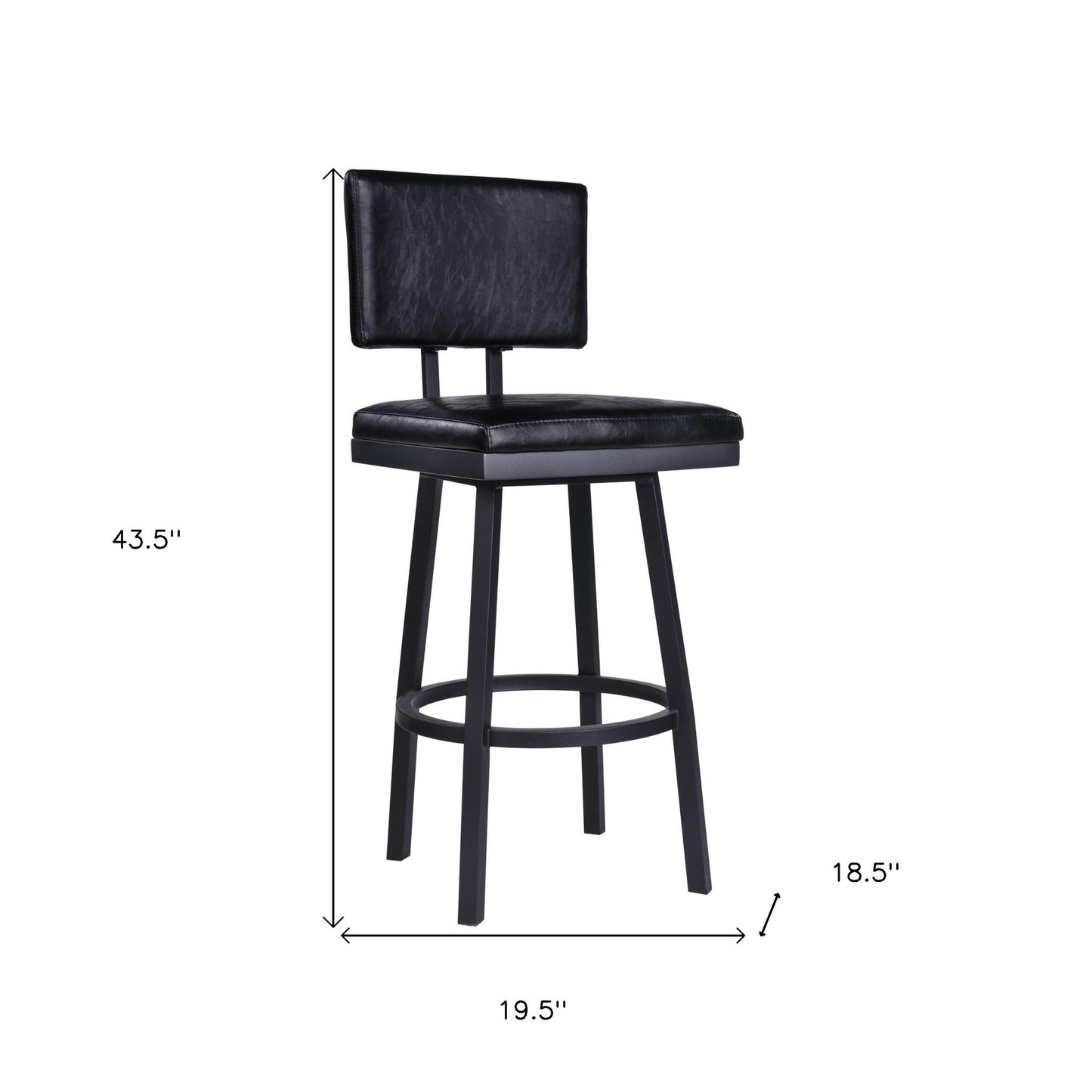 30" Vintage Black on Black Faux Leather Rectangular Swivel Armless Bar Stool