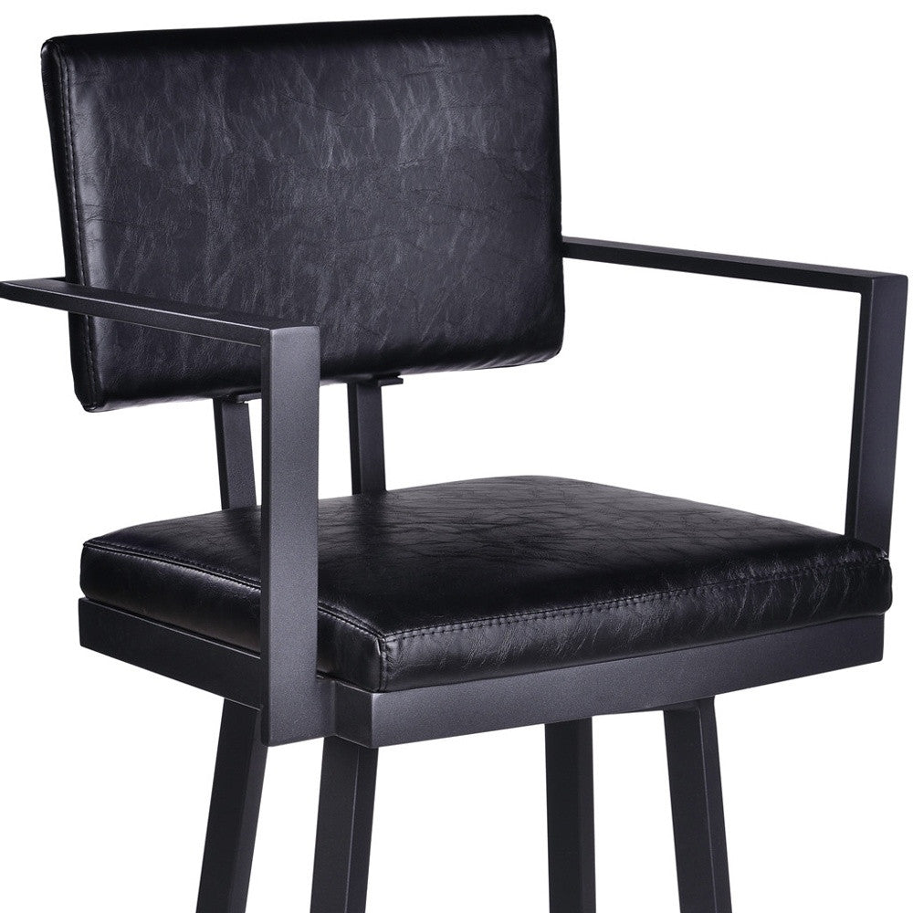 26" Vintage Black on Black Faux Leather Rectangular Swivel Barstool