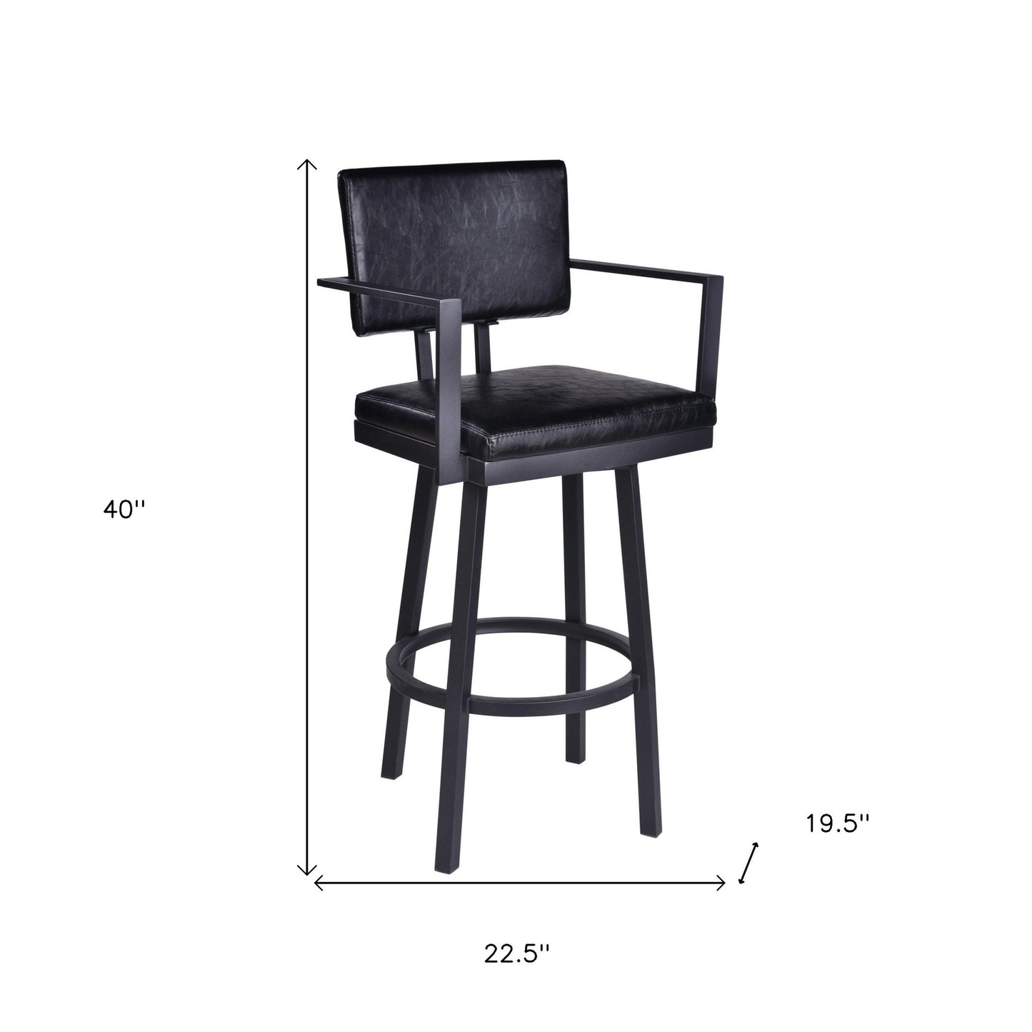 26" Vintage Black on Black Faux Leather Rectangular Swivel Barstool