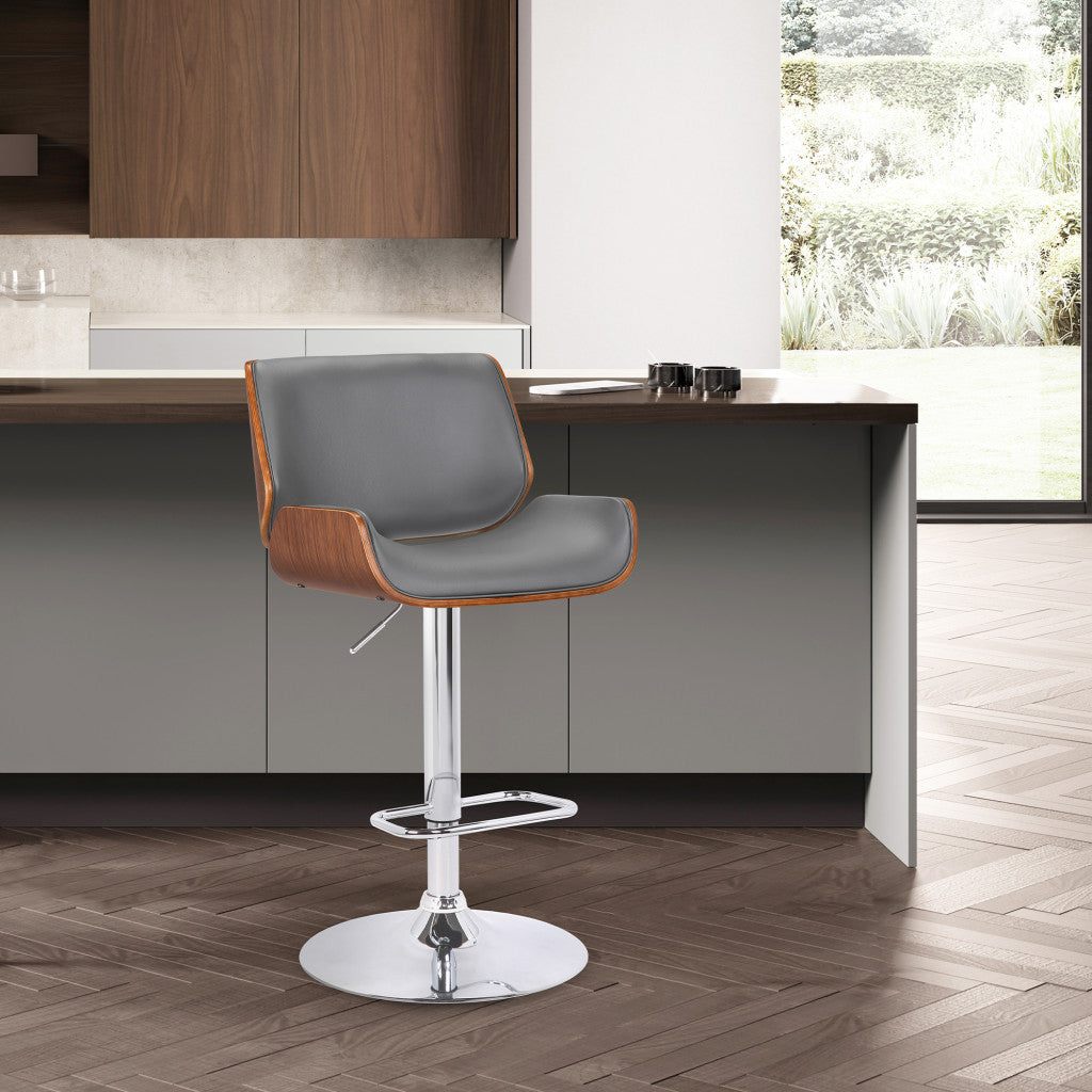Gray Upholstered Chrome Base Adjustable Bar Stool