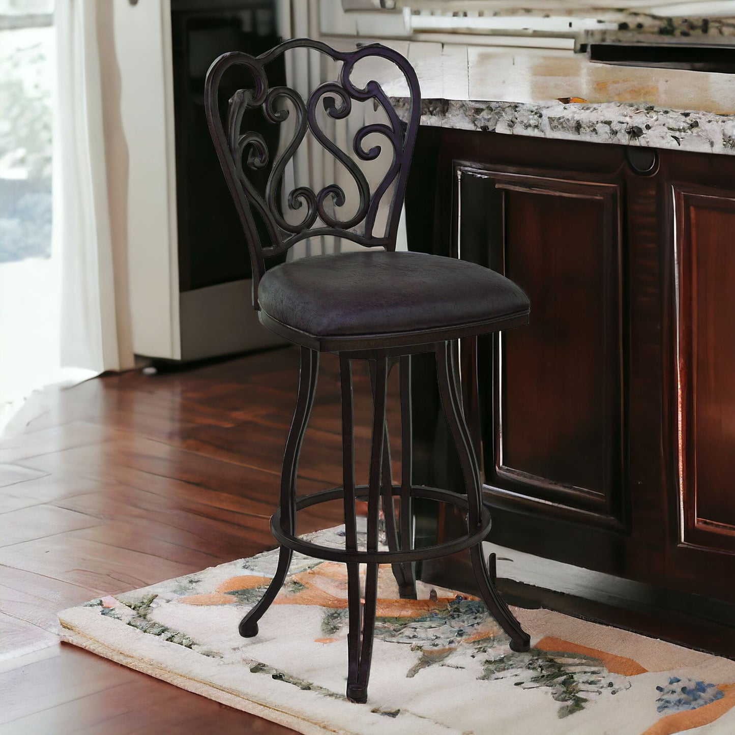 26" Dark Espresso Scroll Back Metal Swivel Bar Stool
