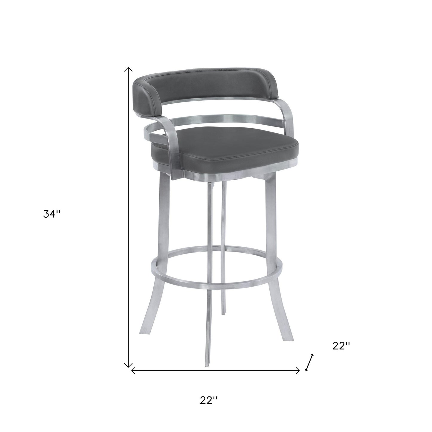 26" Gray And Silver Faux Leather And Iron Swivel Low Back Counter Height Bar Chair With Footrest