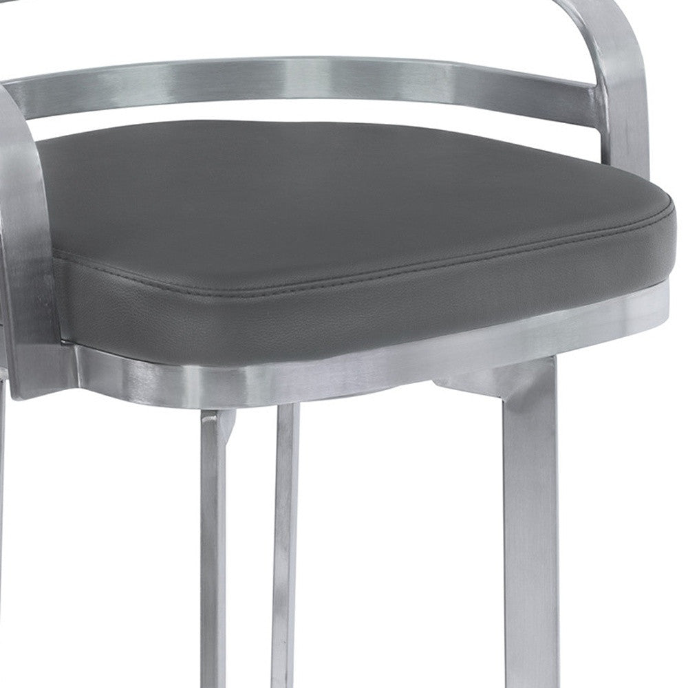 26" Gray And Silver Faux Leather And Iron Swivel Low Back Counter Height Bar Chair With Footrest