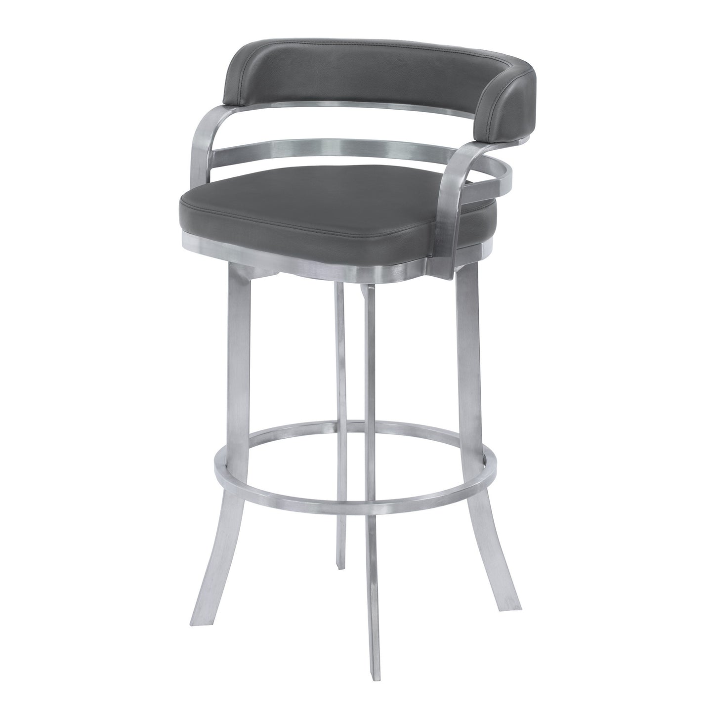 26" Gray And Silver Faux Leather And Iron Swivel Low Back Counter Height Bar Chair With Footrest