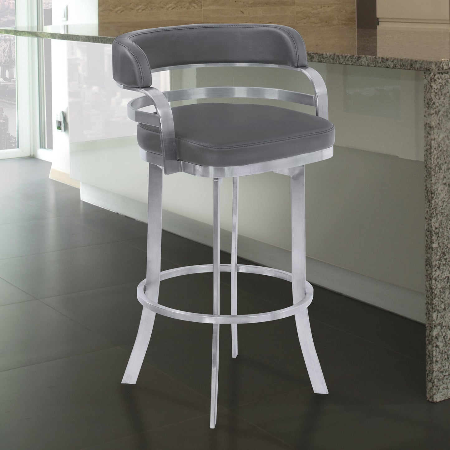 38" Gray Brushed Stainless Steel Bar Height Swivel Full Back Bar Chair