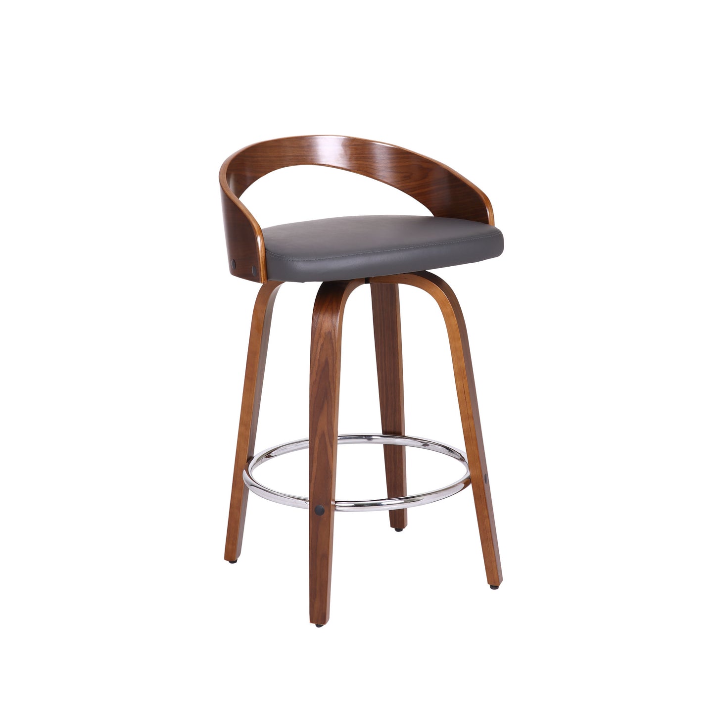 31" Gray And Brown Faux Leather And Iron Swivel Low Back Counter Height Bar Chair With Footrest