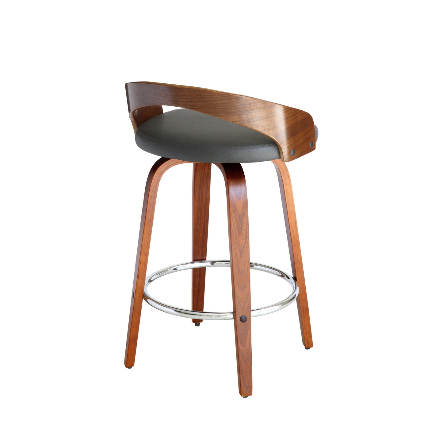 31" Gray And Brown Faux Leather And Iron Swivel Low Back Counter Height Bar Chair With Footrest