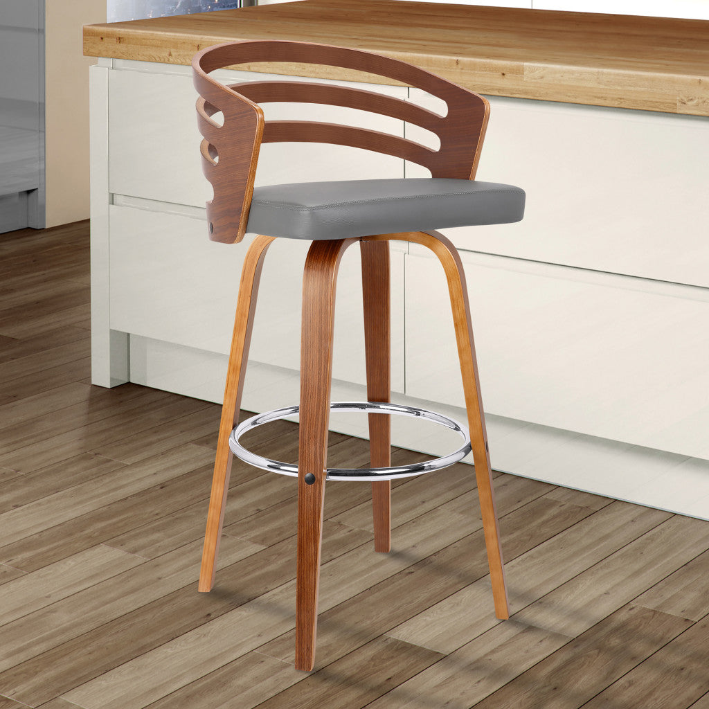 39" Gray And Brown Iron Swivel Low Back Bar Height Chair With Footrest