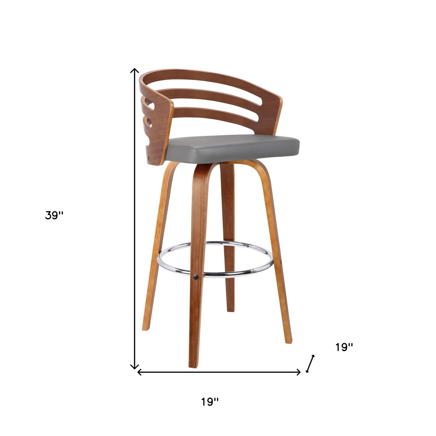 39" Gray And Brown Iron Swivel Low Back Bar Height Chair With Footrest