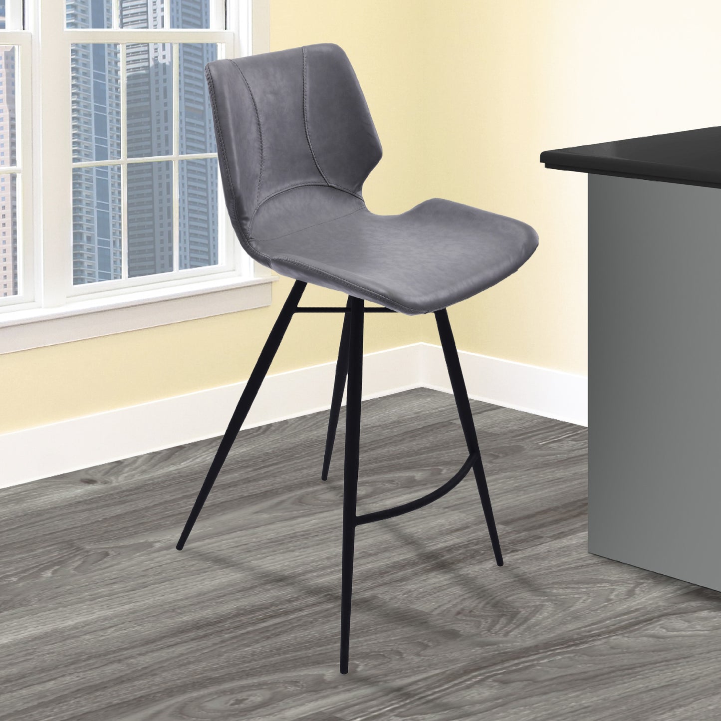 37" Vintage Gray Faux Leather And Iron Counter Height Bar Chair