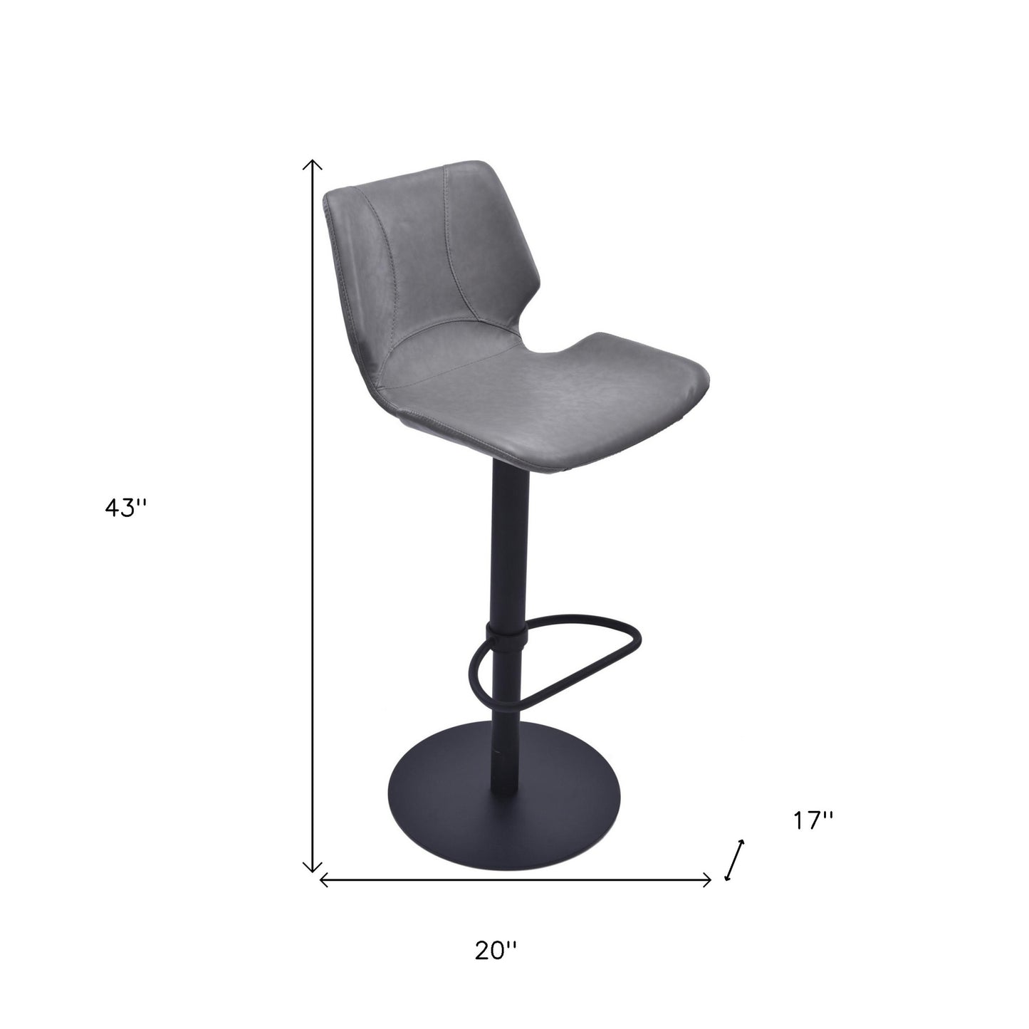 43" Vintage Gray Faux Leather And Iron Swivel Adjustable Height Bar Chair