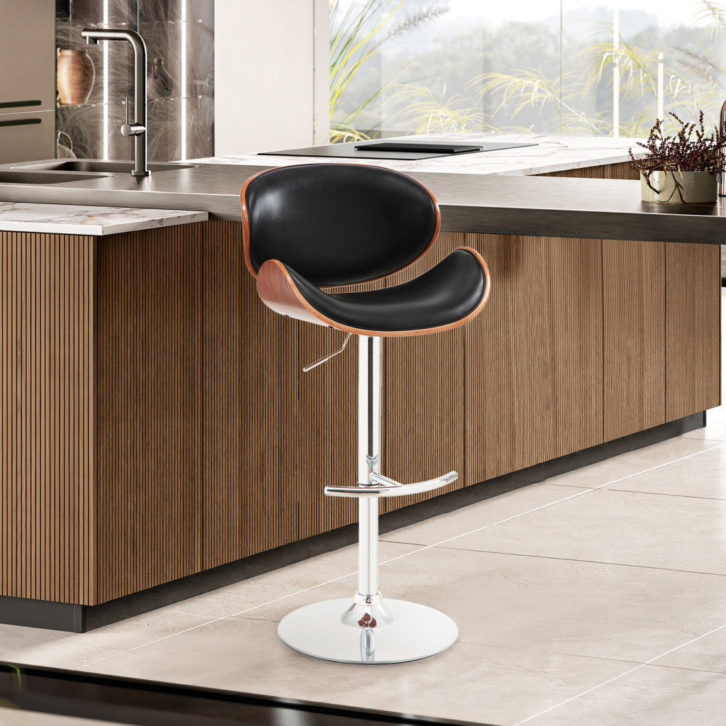 45" Black And Silver Faux Leather And Solid Wood Swivel Low Back Adjustable Height Bar Chair With Footrest
