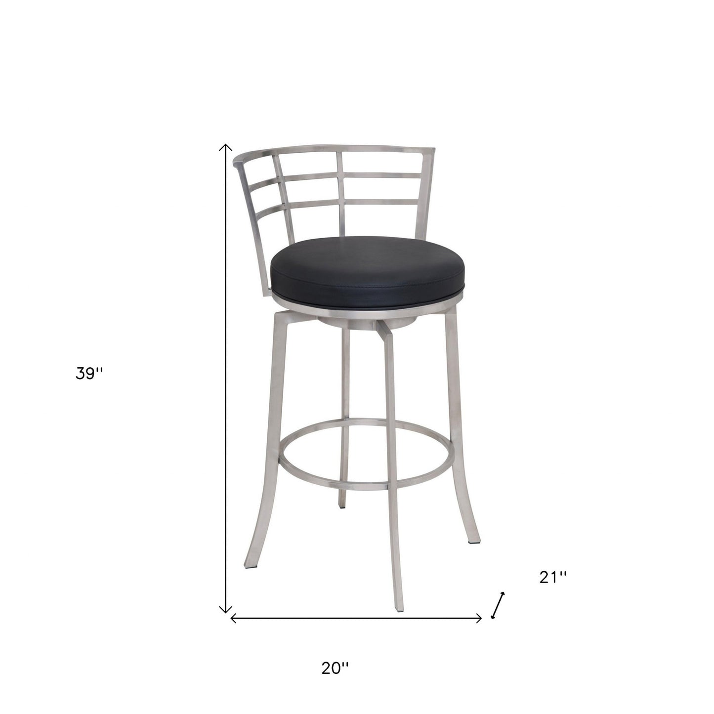 39" Black Faux Leather And Iron Swivel Low Back Bar Height Chair
