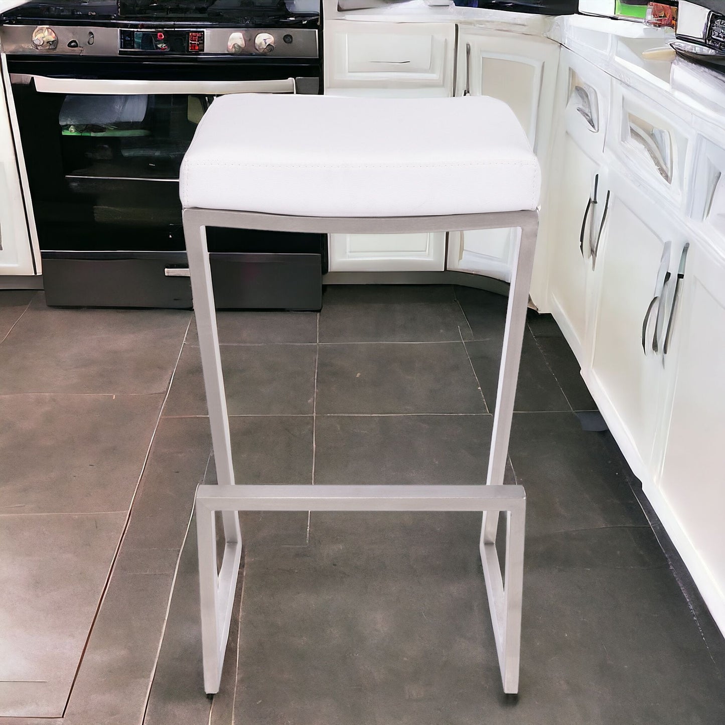 26" Contempo White Faux Leather and Stainless Backless Bar Stool