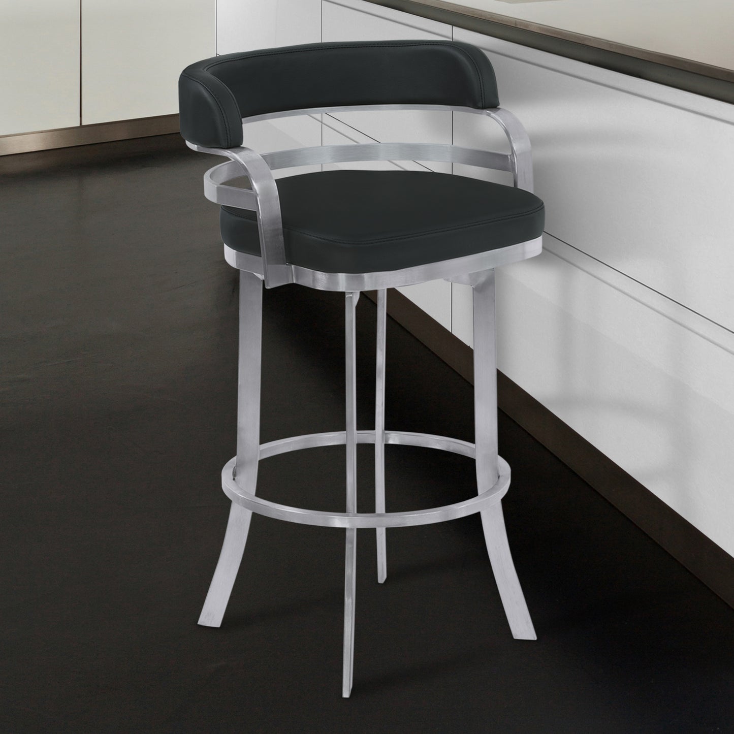 38" Black And Silver Faux Leather And Iron Swivel Low Back Bar Height Chair With Footrest