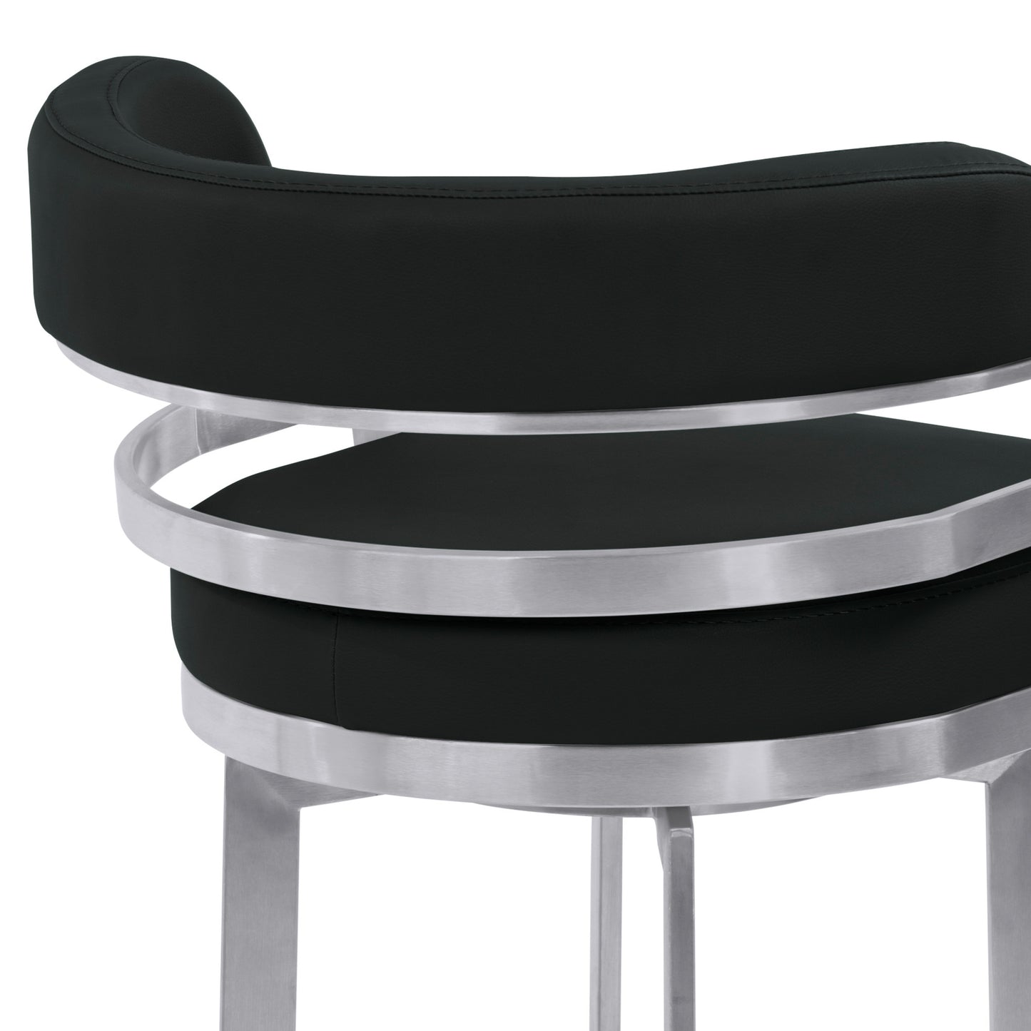 38" Black And Silver Faux Leather And Iron Swivel Low Back Bar Height Chair With Footrest