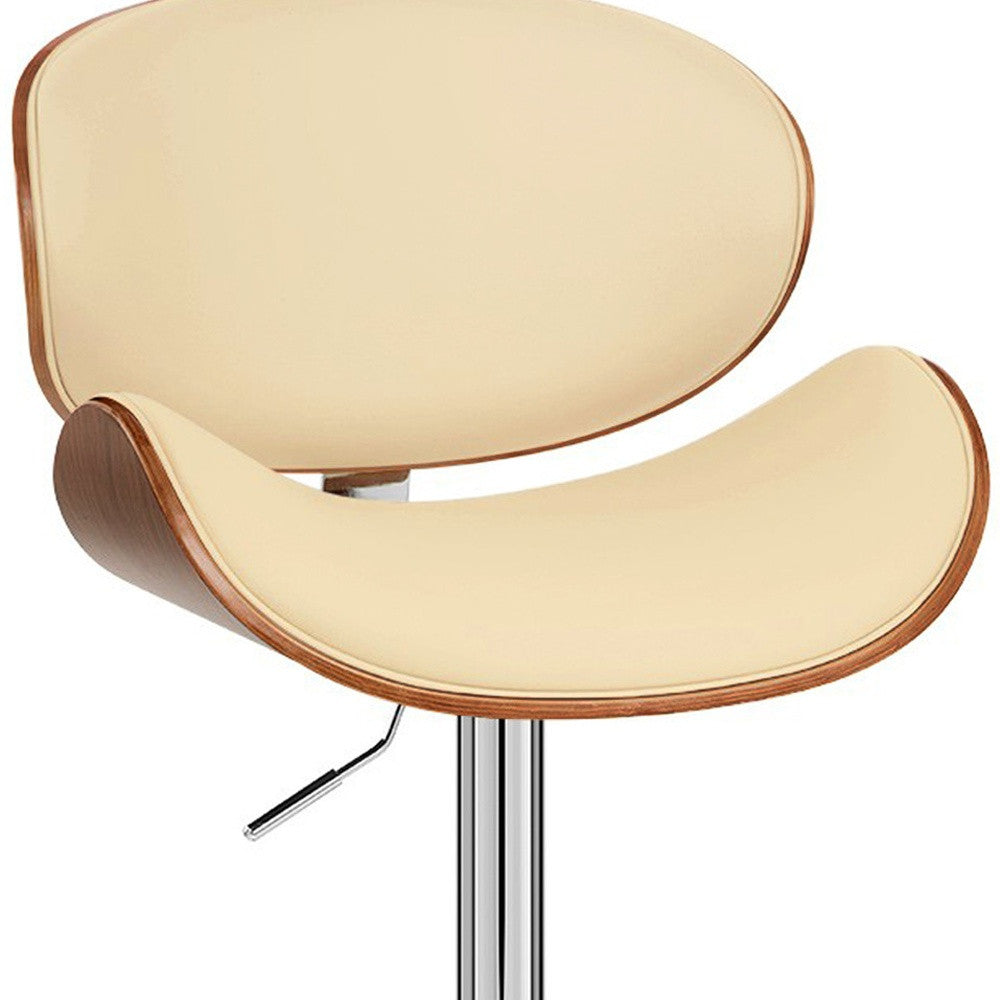45" Cream Faux Leather And Solid Wood Swivel Adjustable Height Bar Chair