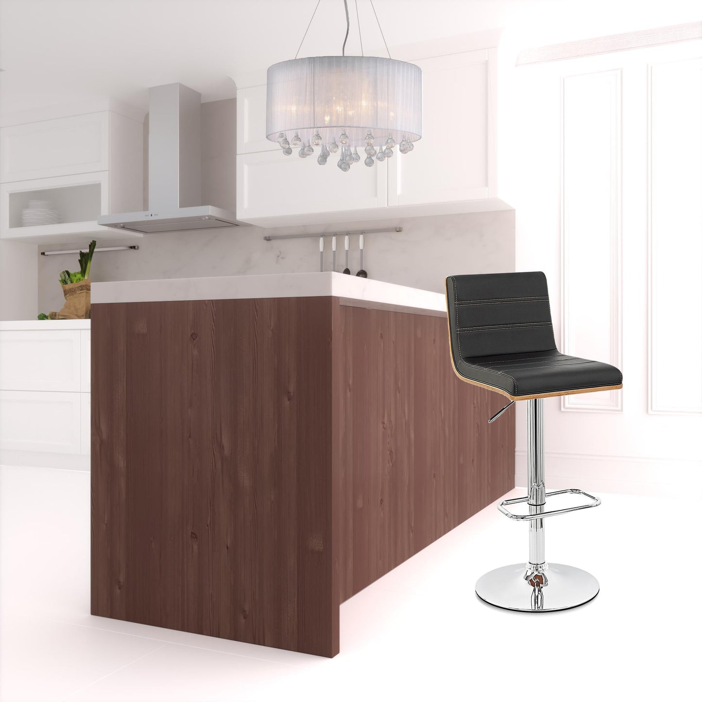 Black Faux Leather Walnut and Chrome Adjustable Swivel Bar Stool