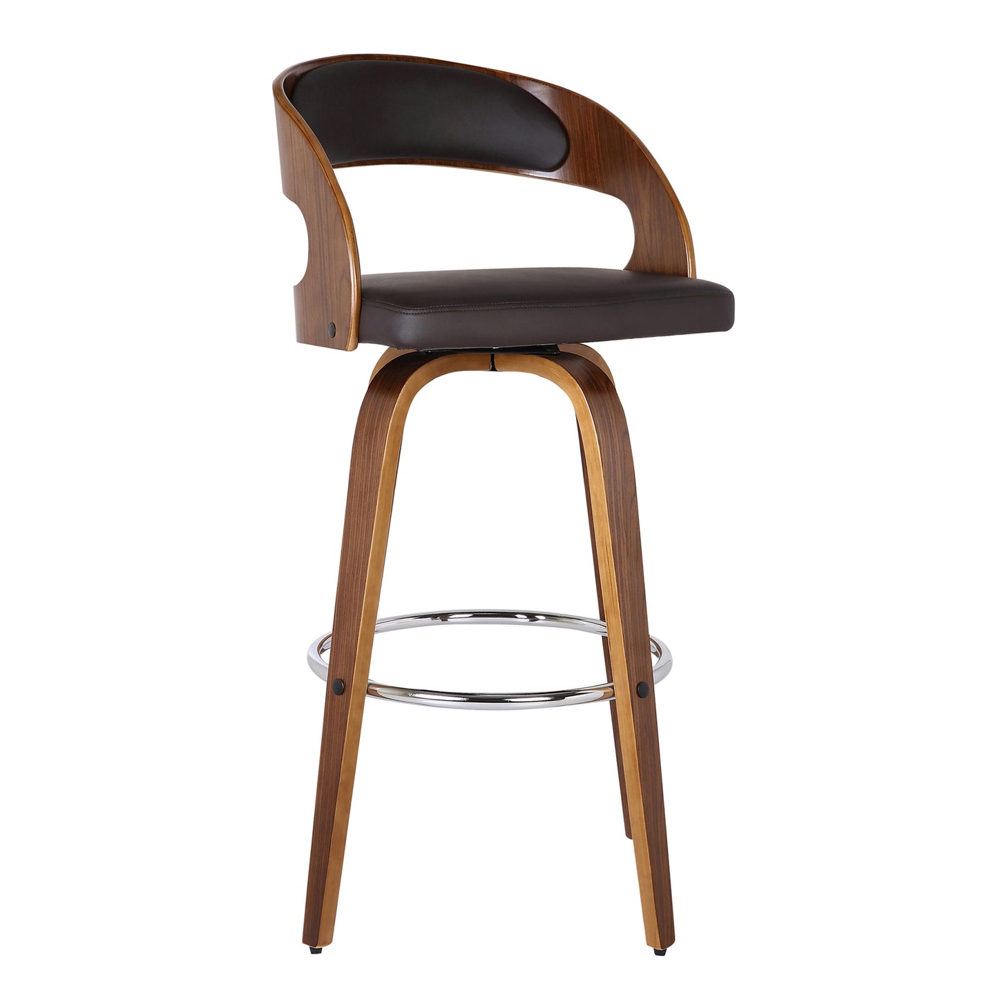 37" Brown Faux Leather And Solid Wood Swivel Counter Height Bar Chair