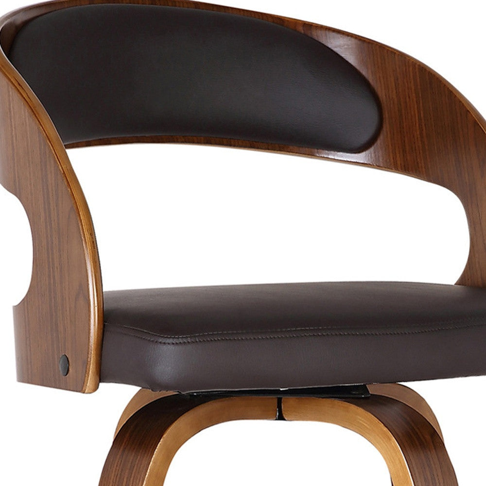 37" Brown Faux Leather And Solid Wood Swivel Counter Height Bar Chair