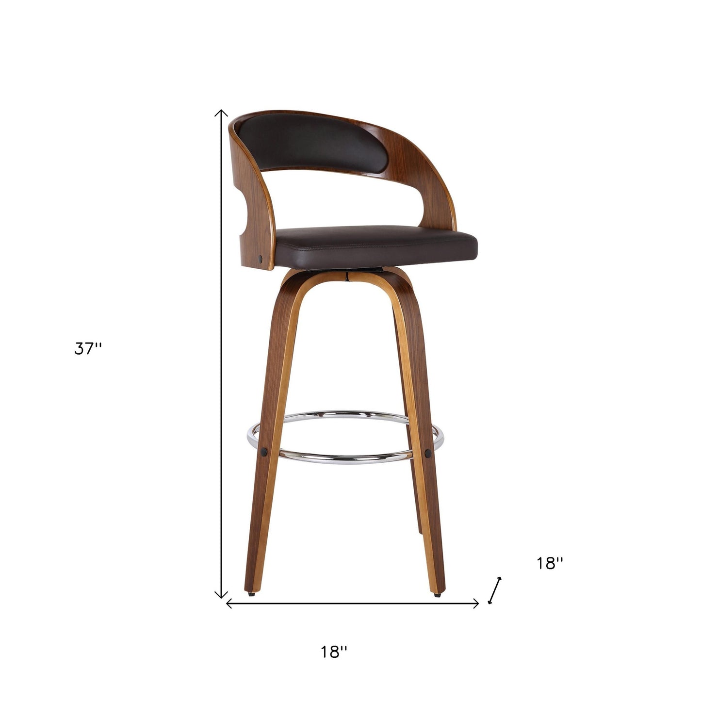 37" Brown Faux Leather And Solid Wood Swivel Counter Height Bar Chair