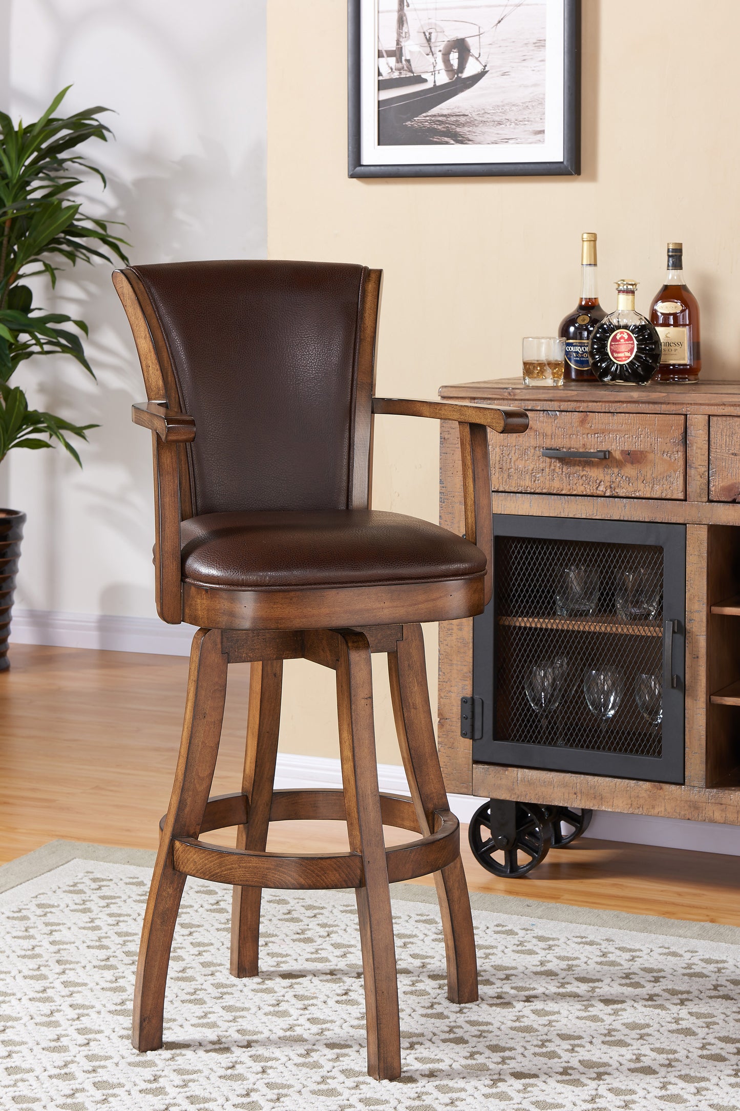 42" Brown Faux Leather And Solid Wood Swivel Counter Height Bar Chair