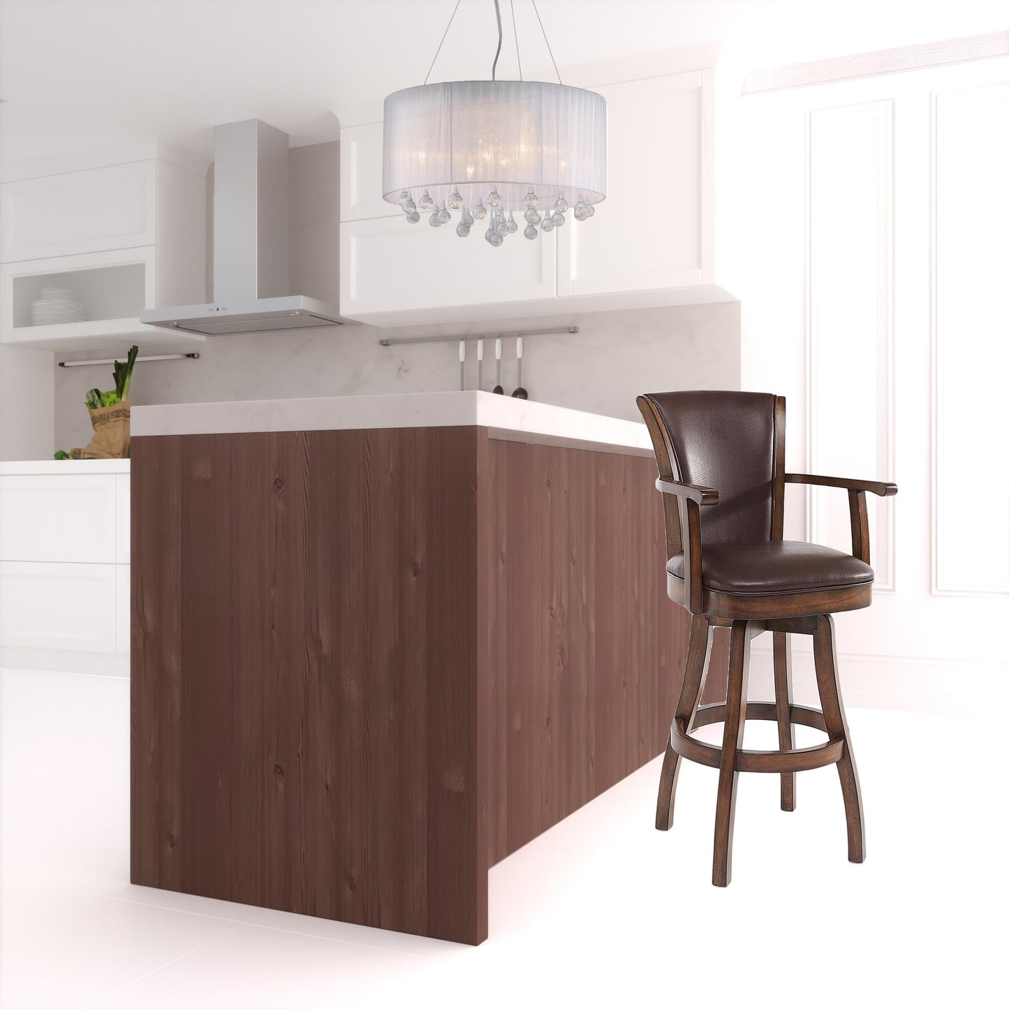 42" Brown Faux Leather And Solid Wood Swivel Counter Height Bar Chair
